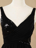 A-Line V-neck Floor Length Chiffon match Sequins Bridesmaid Dress with Ruching Pleats