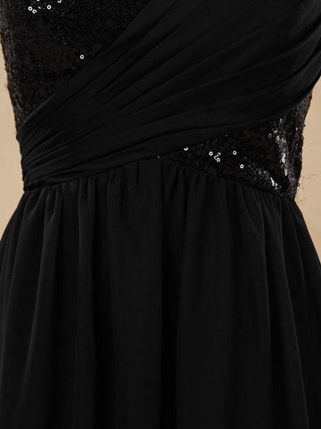 A-Linie V-Ausschnitt Bodenlanges Chiffon-Brautjungfernkleid mit passenden Pailletten und Rüschenfalten 