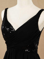 A-Line V-neck Floor Length Chiffon match Sequins Bridesmaid Dress with Ruching Pleats