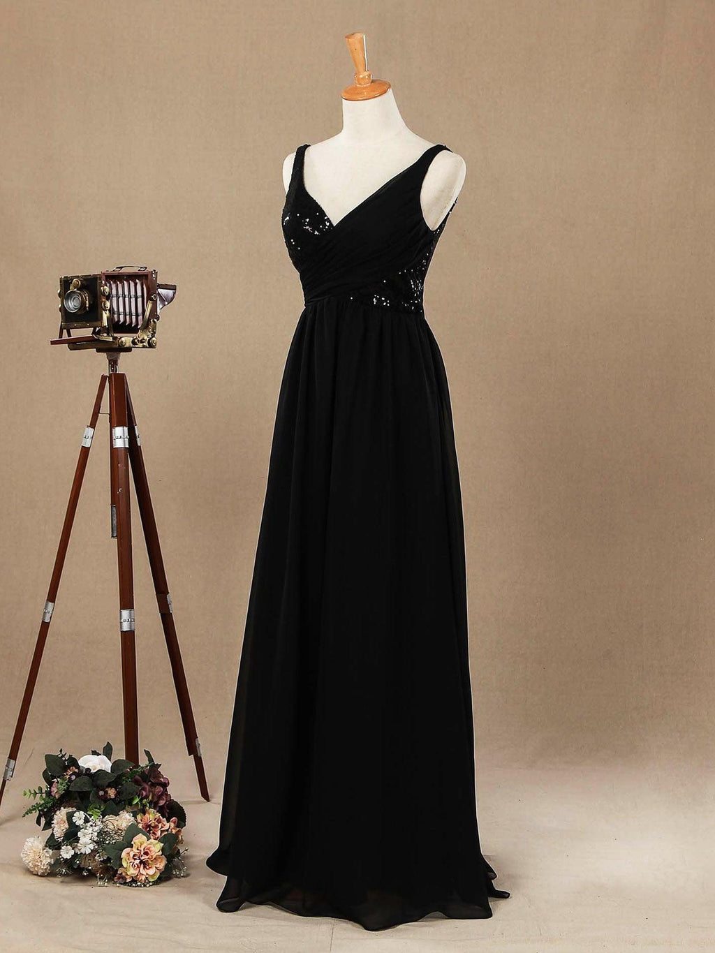 A-Line V-neck Floor Length Chiffon match Sequins Bridesmaid Dress with Ruching Pleats