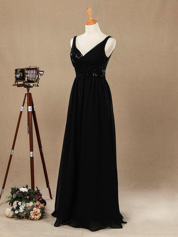 A-Linie V-Ausschnitt Bodenlanges Chiffon-Brautjungfernkleid mit passenden Pailletten und Rüschenfalten 