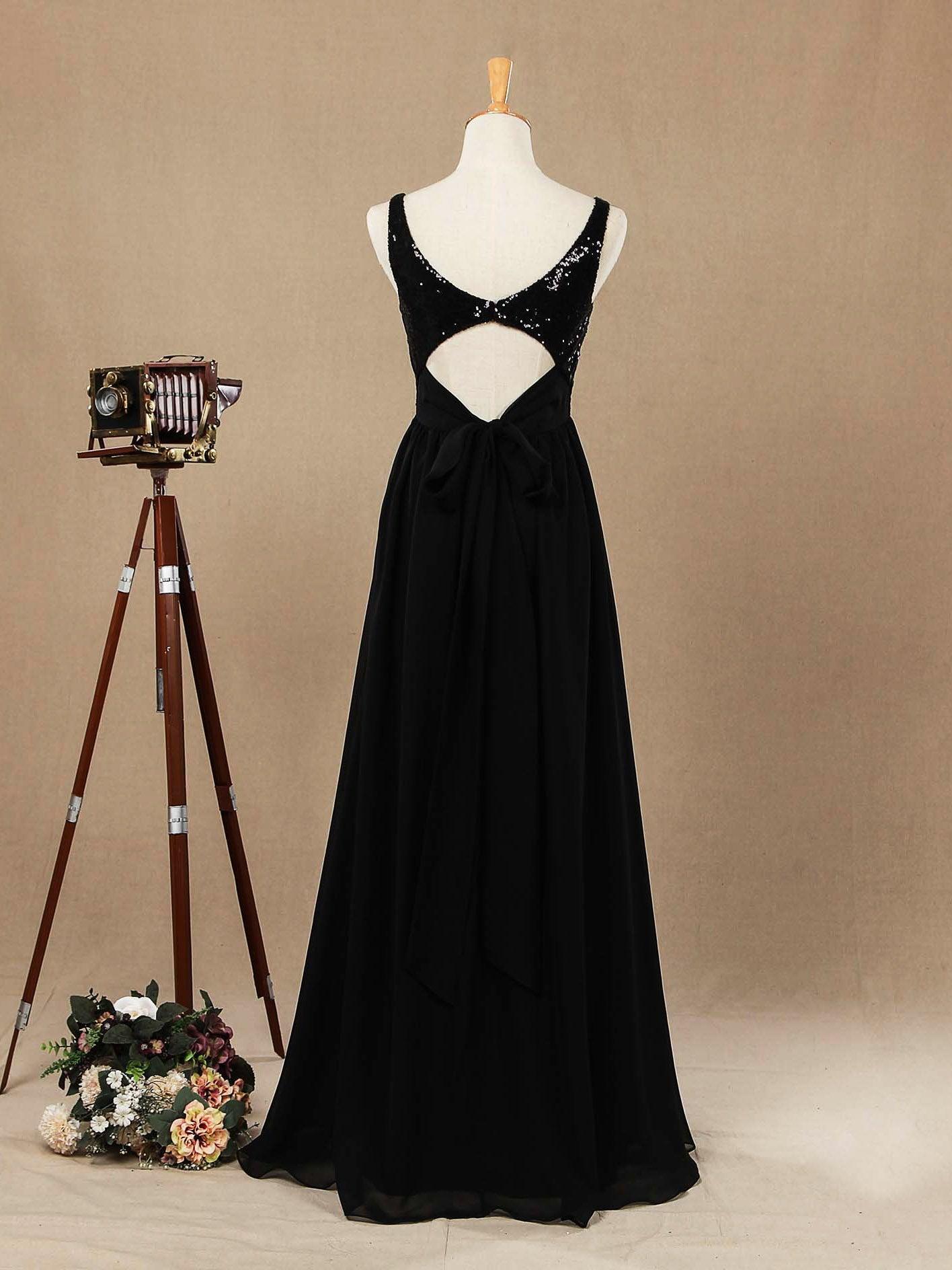 A-Line V-neck Floor Length Chiffon match Sequins Bridesmaid Dress with Ruching Pleats