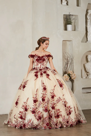 Schulterfreies Ballkleid mit 3D-Blumenmuster von Calla SCL30036