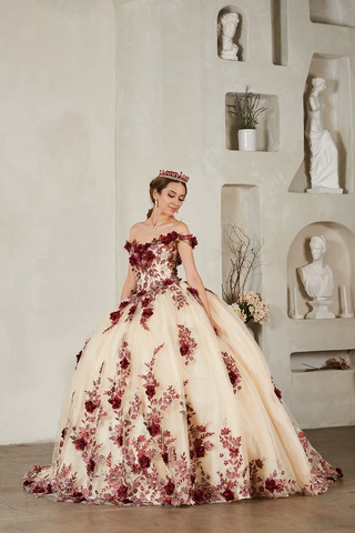 Schulterfreies Ballkleid mit 3D-Blumenmuster von Calla SCL30036