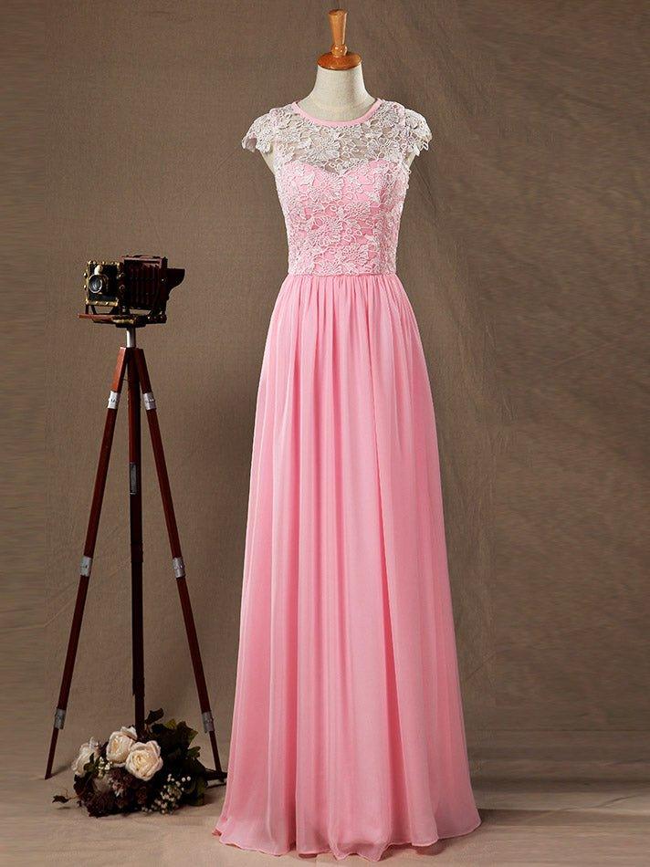 A-Line/Princess Bridesmaid Dress Chiffon Match Lace Scoop Neck Cap Sleeves
