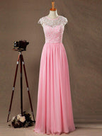 A-Line/Princess Bridesmaid Dress Chiffon Match Lace Scoop Neck Cap Sleeves