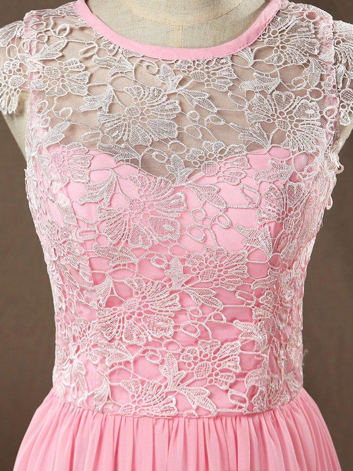 A-Line/Princess Bridesmaid Dress Chiffon Match Lace Scoop Neck Cap Sleeves