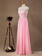 A-Line/Princess Bridesmaid Dress Chiffon Match Lace Scoop Neck Cap Sleeves