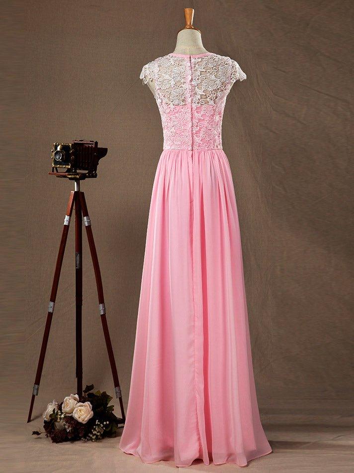 A-Line/Princess Bridesmaid Dress Chiffon Match Lace Scoop Neck Cap Sleeves