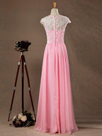 A-Line/Princess Bridesmaid Dress Chiffon Match Lace Scoop Neck Cap Sleeves
