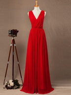 A-line V-neck Floor Length Chiffon Bridesmaid Dress with Criss Cross Ruching Pleats