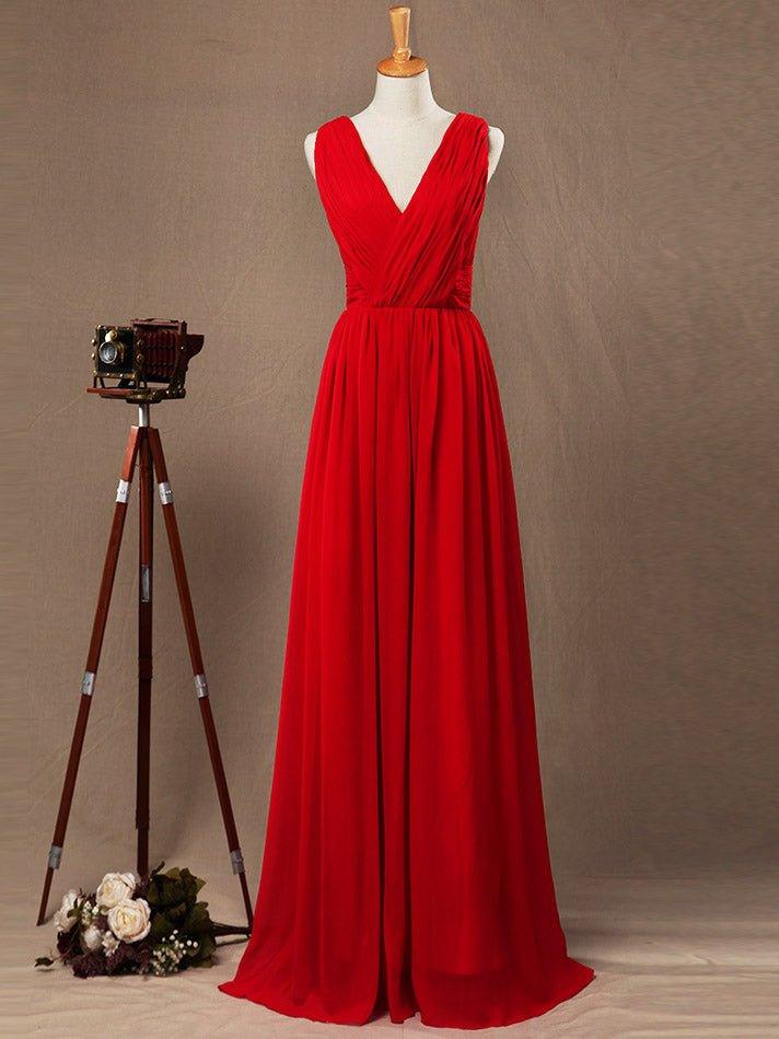 A-line V-neck Floor Length Chiffon Bridesmaid Dress with Criss Cross Ruching Pleats