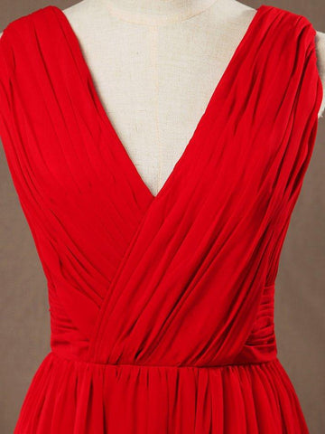 Bodenlanges Chiffon-Brautjungfernkleid in A-Linie mit V-Ausschnitt und überkreuzten Rüschenfalten 