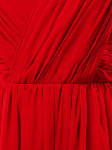Bodenlanges Chiffon-Brautjungfernkleid in A-Linie mit V-Ausschnitt und überkreuzten Rüschenfalten 
