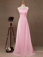 A-Line One Shoulder Floor Length Chiffon Bridesmaid Dress with Wide Belt and Prom Dresses
