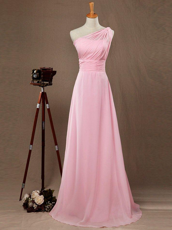 A-Line One Shoulder Floor Length Chiffon Bridesmaid Dress with Wide Belt and Prom Dresses