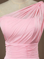 A-Line One Shoulder Floor Length Chiffon Bridesmaid Dress with Wide Belt and Prom Dresses