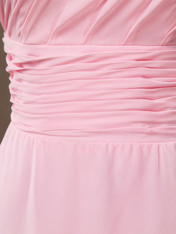 A-Line One Shoulder Floor Length Chiffon Bridesmaid Dress with Wide Belt and Prom Dresses