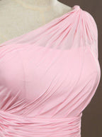 A-Line One Shoulder Floor Length Chiffon Bridesmaid Dress with Wide Belt and Prom Dresses