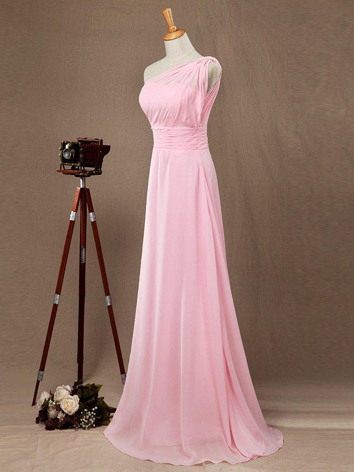 A-Line One Shoulder Floor Length Chiffon Bridesmaid Dress with Wide Belt and Prom Dresses