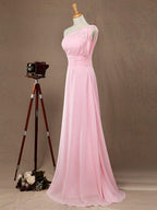 A-Line One Shoulder Floor Length Chiffon Bridesmaid Dress with Wide Belt and Prom Dresses