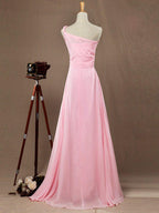 A-Line One Shoulder Floor Length Chiffon Bridesmaid Dress with Wide Belt and Prom Dresses