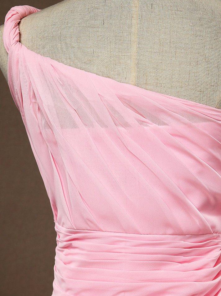 A-Line One Shoulder Floor Length Chiffon Bridesmaid Dress with Wide Belt and Prom Dresses