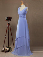 A-Line Princess V-neck Floor Length Chiffon Bridesmaid Dress with Criss Cross Ruching