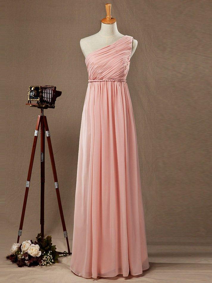 A-Line One Shoulder Floor Length Chiffon Pregnant Bridesmaid Dress High Waist