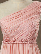 A-Line One Shoulder Floor Length Chiffon Pregnant Bridesmaid Dress High Waist