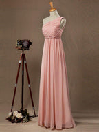 A-Line One Shoulder Floor Length Chiffon Pregnant Bridesmaid Dress High Waist