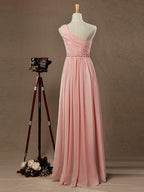 A-Line One Shoulder Floor Length Chiffon Pregnant Bridesmaid Dress High Waist