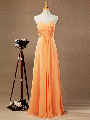 Vestido de dama de honor em chiffon, comprido, sem alças, com decote em coração e franzido cruzado, em linha A 