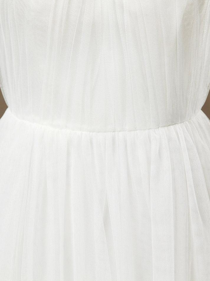 A-Line Jewel Neck Floor Length Tulle Bridesmaid Dress See Through with Pleats