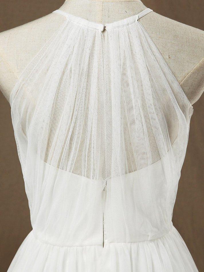 A-Line Jewel Neck Floor Length Tulle Bridesmaid Dress See Through with Pleats