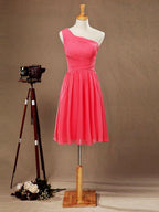 A-line One Shoulder Knee Length Chiffon Bridesmaid Dress with Criss Cross Ruching Pleats