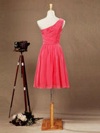 A-line One Shoulder Knee Length Chiffon Bridesmaid Dress with Criss Cross Ruching Pleats