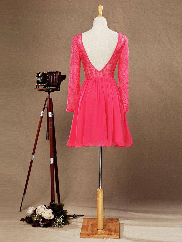 A-Line Jewel Neck Knee Length Chiffon Lace Bridesmaid Dress with Long Sleeves Open Back