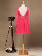 A-Line Jewel Neck Knee Length Chiffon Lace Bridesmaid Dress with Long Sleeves Open Back