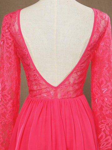 A-Line Jewel Neck Knee Length Chiffon Lace Bridesmaid Dress with Long Sleeves Open Back