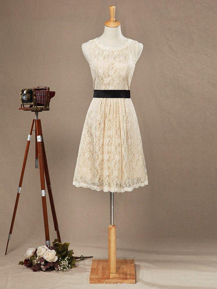 A-Line Jewel Neck Knee Length Lace Bridesmaid Dress Sleeveless with Belt