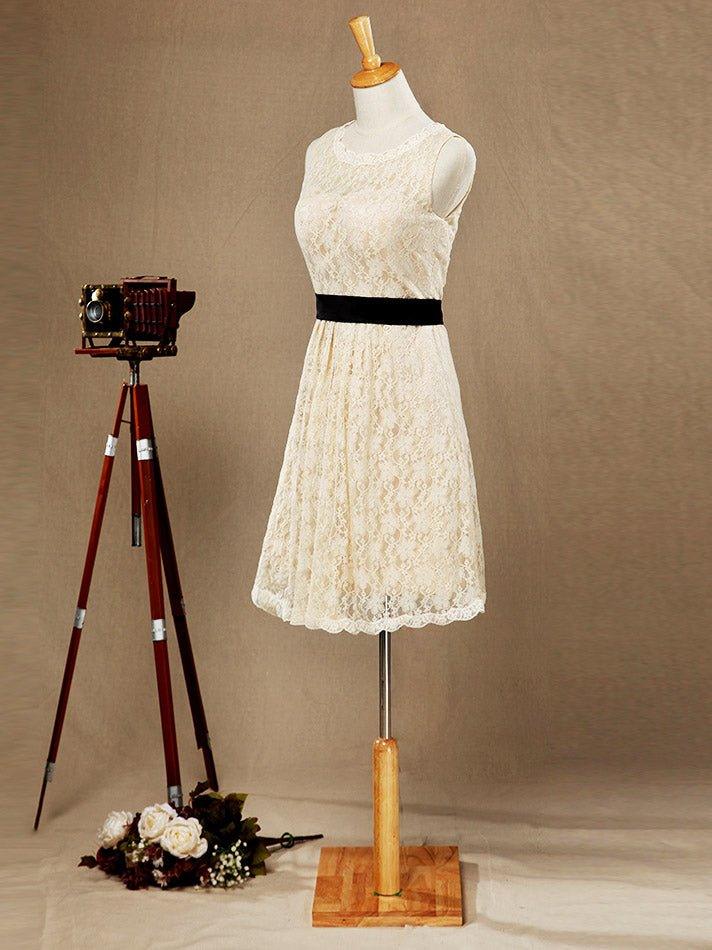 A-Line Jewel Neck Knee Length Lace Bridesmaid Dress Sleeveless with Belt