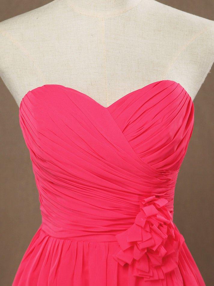 A-Line Strapless Sweetheart Knee Length Chiffon Bridesmaid Dress with Flower Criss Cross Ruching