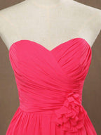 A-Line Strapless Sweetheart Knee Length Chiffon Bridesmaid Dress with Flower Criss Cross Ruching