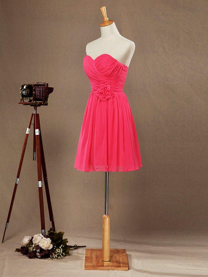 A-Line Strapless Sweetheart Knee Length Chiffon Bridesmaid Dress with Flower Criss Cross Ruching