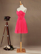 A-Line Strapless Sweetheart Knee Length Chiffon Bridesmaid Dress with Flower Criss Cross Ruching