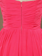 A-Line Strapless Sweetheart Knee Length Chiffon Bridesmaid Dress with Flower Criss Cross Ruching
