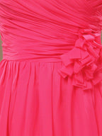 A-Line Strapless Sweetheart Knee Length Chiffon Bridesmaid Dress with Flower Criss Cross Ruching
