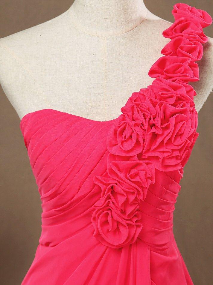 A-Line One Shoulder Knee Length Chiffon Bridesmaid Dress with Flowers Side Draping