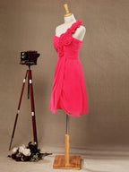 A-Line One Shoulder Knee Length Chiffon Bridesmaid Dress with Flowers Side Draping